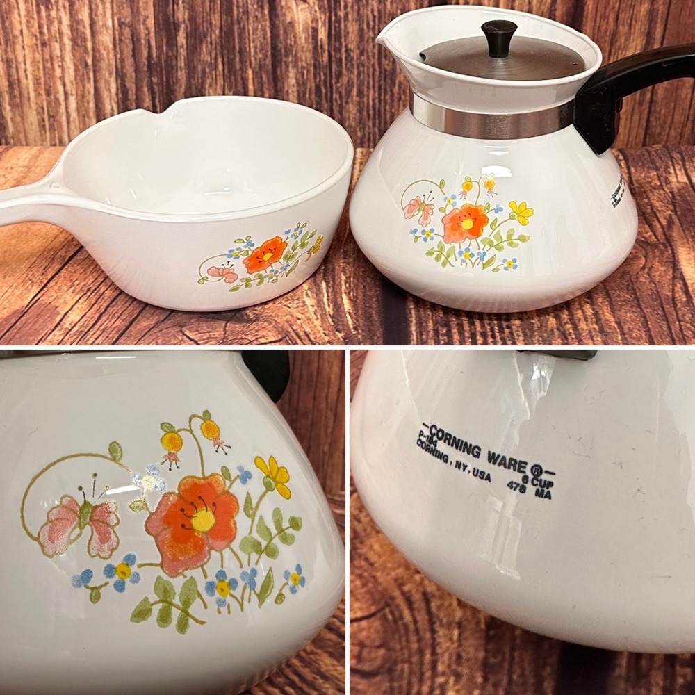 CORNINGWARE WILDFLOWER LOT P-104 TEAPOT 6 CUP P-89-B 2 1/2 CUP SAUCEPAN MCM